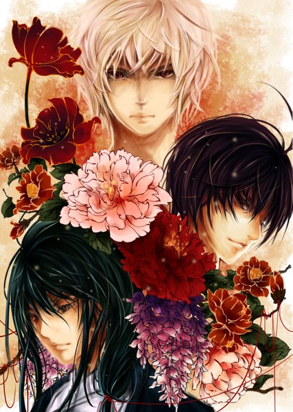 Anime picture 2150x3024 with gintama sunrise (studio) sakata gintoki takasugi shinsuke katsura kotarou jellyfishome long hair tall image looking at viewer highres short hair black hair smile red eyes brown eyes silver hair lips multiple boys looking down boy