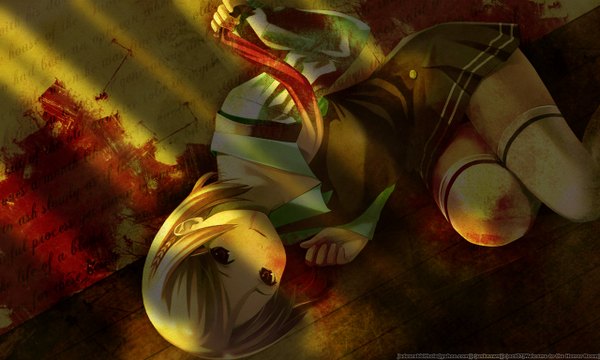 Anime picture 1280x768 with wide image girl thighhighs blood
