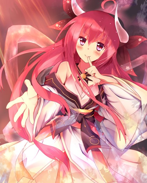 Anime picture 1024x1280 with date a live itsuka kotori mizuyoukan (mikususannda) single long hair tall image blush smile red eyes bare shoulders red hair horn (horns) finger to mouth girl
