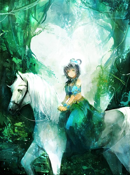 Anime picture 1000x1349 with vocaloid zhuxiao517 single long hair tall image fringe sitting bare shoulders holding aqua eyes light smile grey hair riding girl plant (plants) detached sleeves animal tree (trees) necklace wristlet