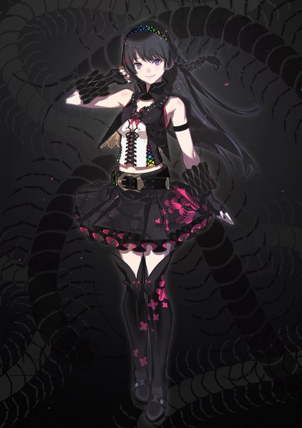 Anime picture 2894x4092 with virtual youtuber nijisanji tsukino mito unti no azi single long hair tall image looking at viewer fringe highres breasts blue eyes black hair simple background smile standing bare shoulders cleavage full body braid (braids)