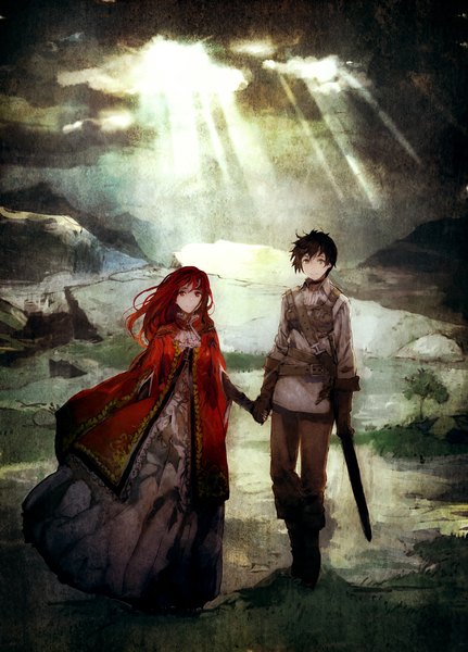 Anime picture 789x1099 with maoyuu maou yuusha arms corporation maou (maoyuu) yuusha (maoyuu) humi (artist) long hair tall image looking at viewer short hair breasts black hair red eyes standing holding brown eyes sky cloud (clouds) red hair light smile wind