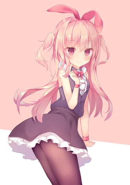 Anime picture 1764x2508 with original tsuruse single long hair tall image blush highres light erotic simple background standing animal ears pink hair pink eyes arm support leaning two side up bunny ears leaning forward sleeveless fake animal ears