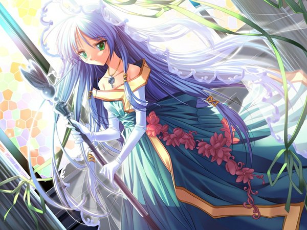 Anime picture 1024x768 with sorairo no organ (game) kisaragi sarasa minase lin single holding green eyes blue hair looking away game cg girl dress gloves choker elbow gloves white gloves staff wedding veil stained glass