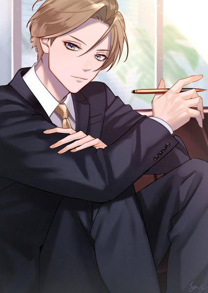 Anime picture 1062x1500 with original yori (ito haruki) single tall image looking at viewer short hair blonde hair sitting yellow eyes formal boy necktie window suit pen business suit