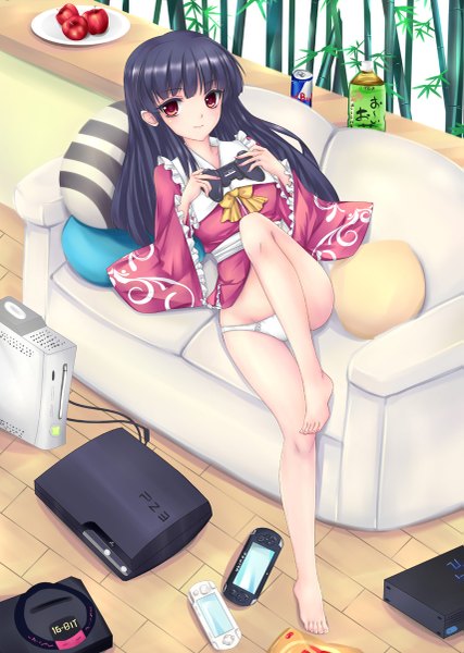 Anime picture 855x1200 with touhou sega sony red bull houraisan kaguya fred0092 long hair tall image looking at viewer light erotic black hair red eyes girl dress underwear panties couch tea controller gamepad
