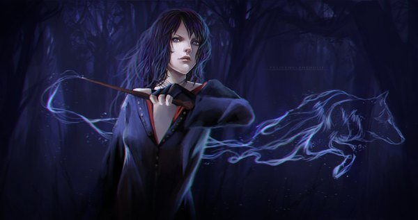 Anime picture 1100x582 with harry potter felicemelancholie single long hair looking at viewer blue eyes black hair wide image signed magic dark background girl plant (plants) tree (trees) fingerless gloves forest wand