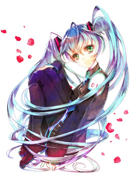 Anime picture 1620x2160 with vocaloid hatsune miku single long hair tall image fringe simple background white background twintails multicolored hair aqua eyes tattoo girl thighhighs detached sleeves petals necktie thigh boots