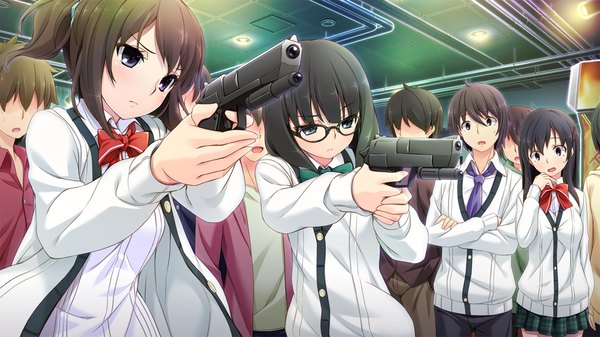 Anime picture 1280x720 with tsuisou no augment hinasaki you long hair short hair blue eyes black hair wide image multiple girls game cg black eyes multiple boys girl boy uniform weapon school uniform glasses gun 3 girls sweater