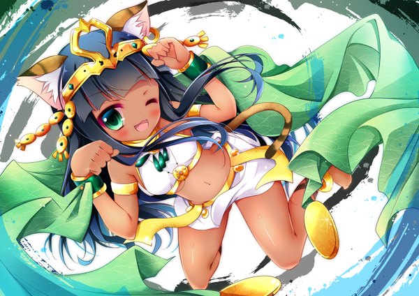 Anime picture 1500x1062 with puzzle & dragons bastet (p&d) nanamomo rio single long hair blush open mouth black hair green eyes animal ears one eye closed wink cat ears cat girl cat tail girl navel hair ornament