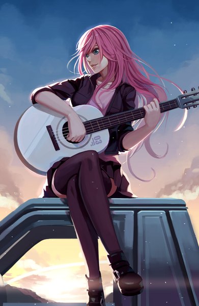 Anime picture 900x1380 with vocaloid megurine luka nian (zhanian) single long hair tall image blue eyes sitting looking away pink hair sky cloud (clouds) crossed legs girl thighhighs black thighhighs guitar