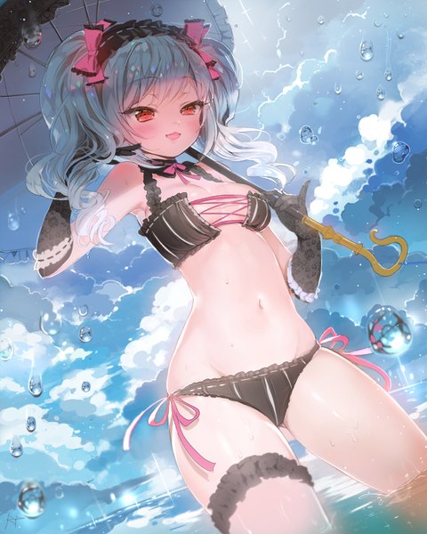 Anime picture 700x875 with idolmaster idolmaster cinderella girls kanzaki ranko repi987 single long hair tall image blush breasts open mouth light erotic red eyes twintails holding signed looking away sky silver hair cloud (clouds) bare belly