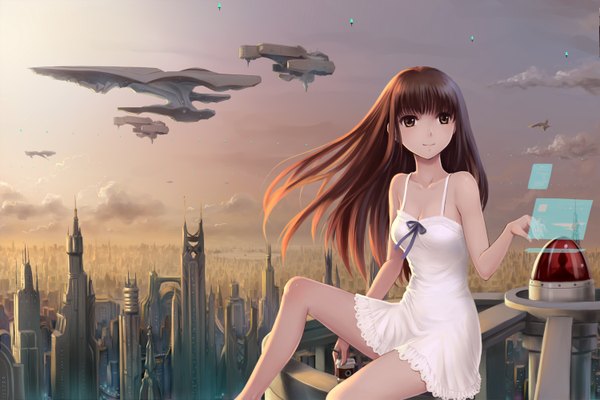 Anime picture 1500x1000 with original youbou single long hair smile brown hair sitting bare shoulders brown eyes sky cloud (clouds) city evening sunset cityscape girl dress sundress spacecraft