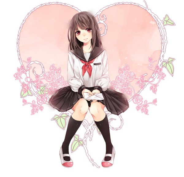 Anime picture 1350x1299 with original wakatsuki you single long hair looking at viewer simple background smile brown hair white background sitting pleated skirt pink eyes valentine girl thighhighs uniform black thighhighs school uniform heart letter
