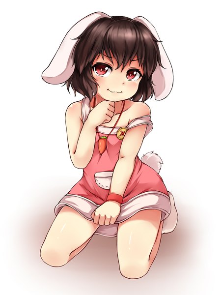 Anime picture 1350x1800 with touhou inaba tewi yangshangshu single tall image looking at viewer fringe short hair light erotic simple background red eyes brown hair white background animal ears full body tail animal tail bunny ears sleeveless kneeling