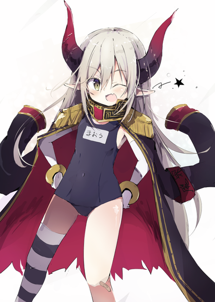 Anime picture 725x1015 with virtual youtuber nijisanji emma august nekopote single long hair tall image fringe open mouth light erotic hair between eyes green eyes one eye closed horn (horns) pointy ears grey hair wink fang (fangs) covered navel ass visible through thighs