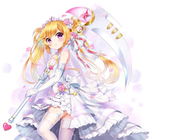 Anime picture 1440x1183 with zhan ji tian xia mvv single long hair looking at viewer blush blonde hair twintails bare shoulders pink eyes hair flower girl thighhighs dress gloves hair ornament flower (flowers) ribbon (ribbons) weapon hair ribbon