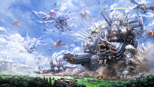 Anime picture 1383x778 with original kuri (artist) wide image sky cloud (clouds) teeth fang (fangs) mountain fantasy destruction giant army plant (plants) tree (trees) armor forest dragon huge weapon monster castle