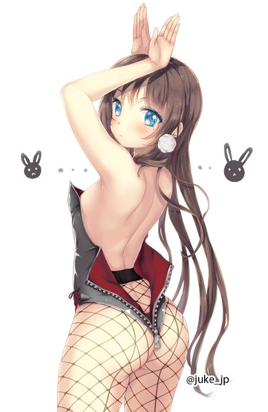 Anime picture 600x923 with original juke single long hair tall image looking at viewer blush fringe breasts blue eyes light erotic simple background brown hair standing white background bare shoulders signed ass parted lips looking back