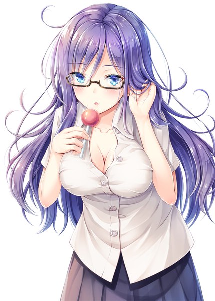 Anime-Bild 1100x1539 mit original akashio (loli ace) single long hair tall image looking at viewer blush fringe breasts open mouth blue eyes light erotic simple background hair between eyes large breasts standing white background holding cleavage purple hair