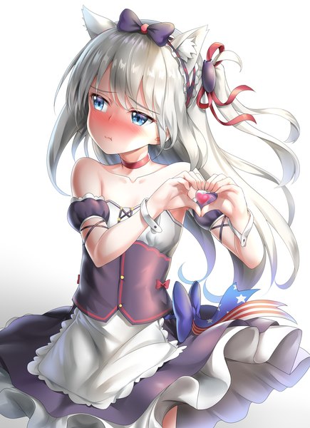 Anime-Bild 2507x3459 mit azur lane hammann (azur lane) nedia (nedia region) single long hair tall image looking at viewer blush highres blue eyes simple background white background bare shoulders animal ears white hair cat ears short sleeves two side up embarrassed heart hands