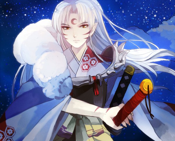 Anime picture 2602x2103 with inuyasha sesshomaru q-chiang single long hair highres brown eyes upper body outdoors white hair traditional clothes japanese clothes wind pointy ears night fur trim facial mark whisker markings forehead mark ready to draw