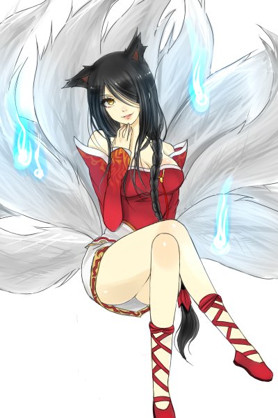 Anime picture 800x1200 with league of legends ahri (league of legends) llxhh single long hair tall image looking at viewer fringe highres breasts light erotic black hair simple background smile white background sitting bare shoulders animal ears yellow eyes ass
