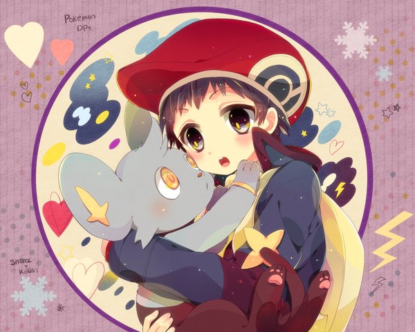 Anime picture 1800x1440 with pokemon pokemon dppt nintendo lucas (pokemon) shinx diamond (pokemon) kouki (pokemon) nicole (usako) blush highres short hair open mouth black hair black eyes inscription sparkle character names purple background gen 4 pokemon boy