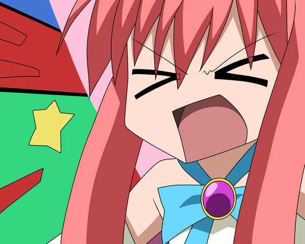 Anime picture 1280x1024 with kyouran kazoku nikki hiratsuka raichou single long hair fringe open mouth hair between eyes bare shoulders upper body red hair eyes closed close-up face angry frown screaming > < girl star (symbol)