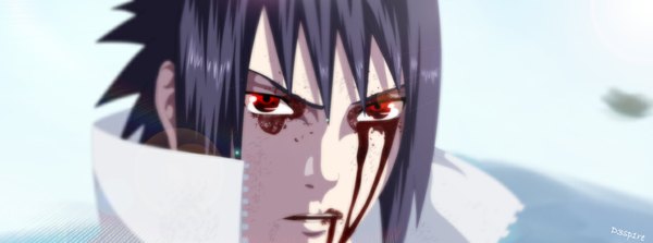 Anime picture 1136x424 with naruto studio pierrot naruto (series) uchiha sasuke schwarrtz single short hair open mouth black hair red eyes wide image sunlight coloring close-up face sharingan boy blood