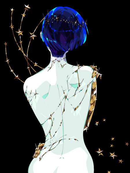 Anime picture 750x1000 with houseki no kuni phosphophyllite phosphophyllite (ll) hanasaki coa single tall image short hair light erotic simple background standing blue hair upper body nude from behind black background androgynous spoilers star (symbol)