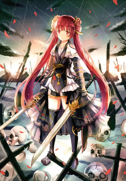 Anime picture 1881x2700 with original iceblue single tall image blush fringe highres red eyes standing twintails holding looking away sky cloud (clouds) full body outdoors red hair blunt bangs very long hair dual wielding