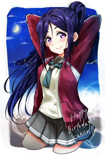Anime picture 1003x1500 with love live! sunshine!! sunrise (studio) love live! matsuura kanan yuupenman single long hair tall image looking at viewer blush smile purple eyes purple hair ponytail open jacket arms behind head happy birthday crescent girl uniform