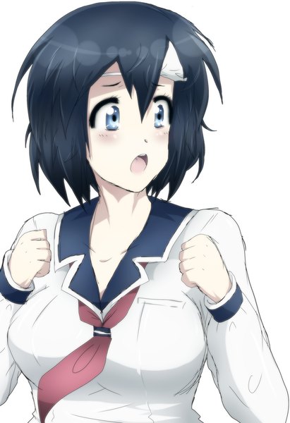Anime picture 2070x3020 with blood lad brains base (studio) yanagi fuyumi tall image blush highres short hair breasts open mouth blue eyes black hair simple background large breasts white background ghost girl uniform school uniform serafuku tongue