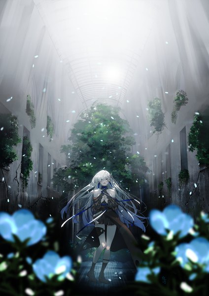 Anime picture 2887x4083 with vesperbell yomi (vesperbell) shiomi (lowrise) single long hair tall image looking at viewer fringe highres open mouth blue eyes standing bare shoulders silver hair full body blurry hair over one eye floating hair hands clasped ruins