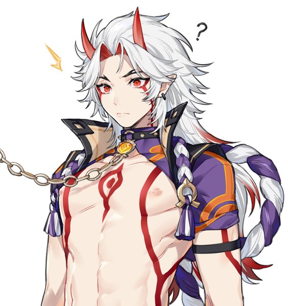 Anime picture 2100x2230 with genshin impact arataki itto anchun (quail0503) single long hair tall image highres simple background red eyes white background looking away silver hair nipples upper body horn (horns) pointy ears tattoo muscle oni horns abs
