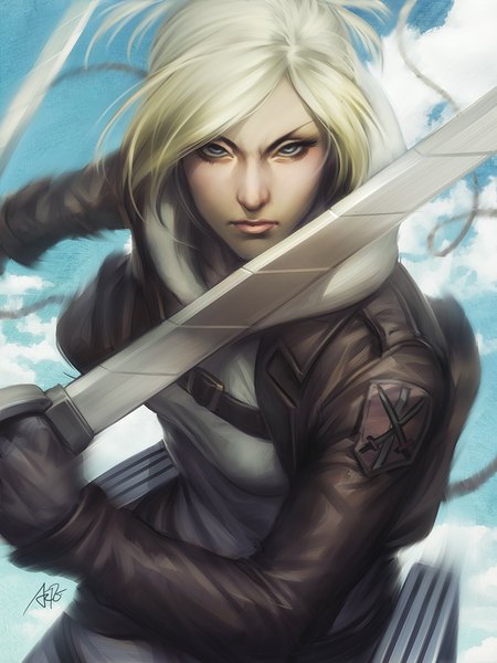 Anime picture 750x1000 with shingeki no kyojin production i.g annie leonhart artgerm (stanley lau) single tall image looking at viewer short hair blue eyes blonde hair realistic girl weapon sword jacket