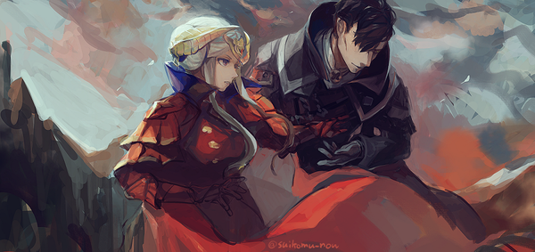 Anime picture 900x425 with fire emblem fire emblem: three houses nintendo edelgard von hresvelg hubert von vestra suikomu now fringe short hair black hair wide image purple eyes signed payot looking away silver hair upper body outdoors eyes closed parted lips horn (horns)