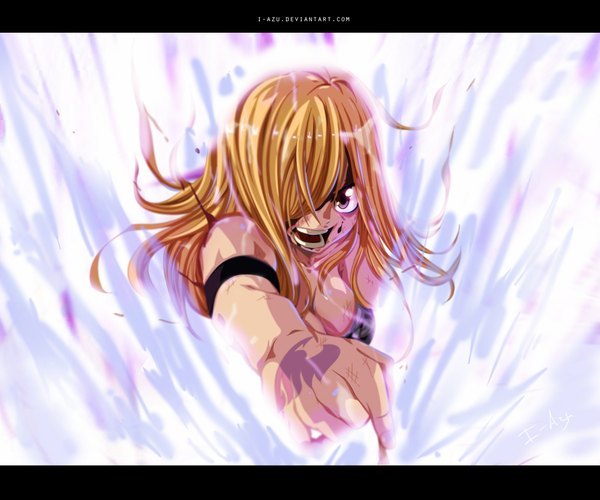 Anime picture 2200x1836 with fairy tail lucy heartfilia i-azu single long hair fringe highres open mouth light erotic blonde hair brown eyes hair over one eye tattoo coloring magic letterboxed angry girl blood