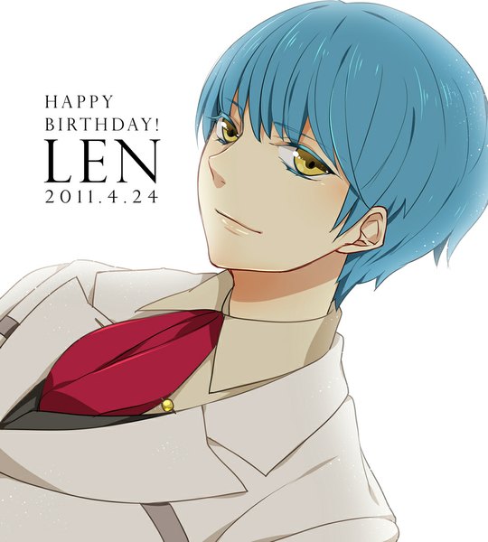 Anime picture 900x1000 with la corda d'oro tsukimori len yamaki suzume single tall image looking at viewer short hair simple background smile white background yellow eyes blue hair inscription portrait happy birthday boy uniform school uniform