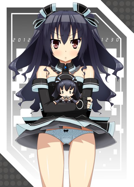 Anime picture 1200x1668 with choujigen game neptune uni (choujigen game neptune) jin kichi long hair tall image looking at viewer blush light erotic black hair red eyes bare shoulders polka dot girl dress underwear panties bow hair bow fingerless gloves doll (dolls)