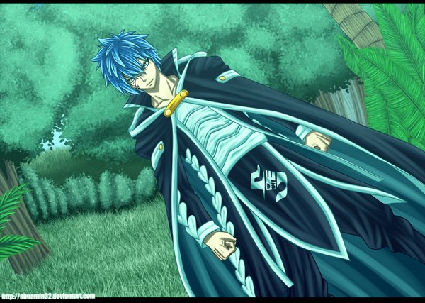 Anime picture 1824x1300 with fairy tail jellal fernandes abuamin32 single highres short hair blue hair grey eyes tattoo coloring boy plant (plants) tree (trees) cloak grass fist