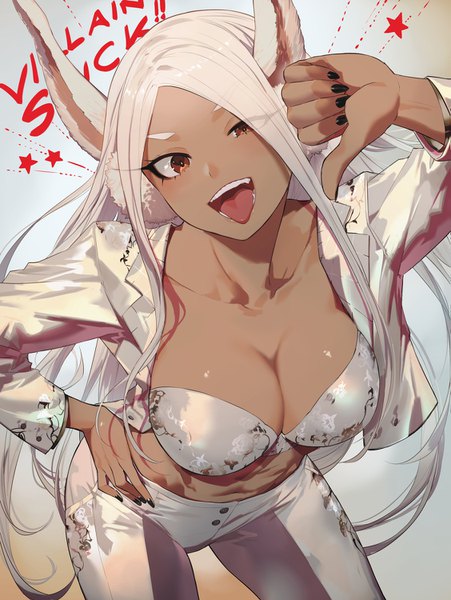 Anime picture 1127x1500 with boku no hero academia studio bones mirko salmon single long hair tall image looking at viewer blush fringe breasts open mouth light erotic smile large breasts standing brown eyes animal ears cleavage white hair