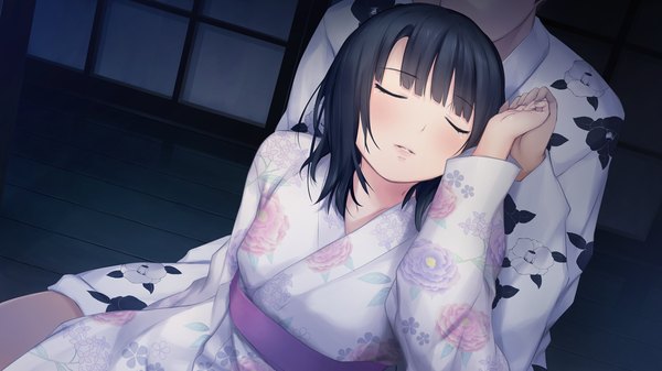 Anime picture 1280x720 with ame koi isshi mizuki coffee-kizoku long hair blush black hair wide image game cg eyes closed traditional clothes japanese clothes couple girl boy kimono