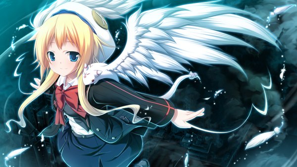 Anime picture 1024x576 with soukoku no arterial long hair blue eyes blonde hair wide image game cg girl skirt uniform school uniform miniskirt animal wings bowtie feather (feathers)