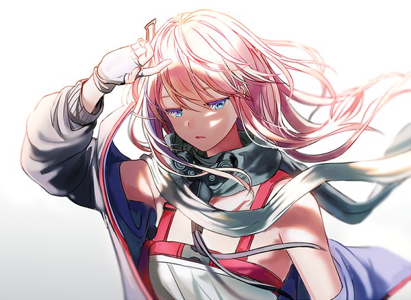 Anime picture 800x585 with girls frontline st ar-15 (girls frontline) silence girl single long hair fringe open mouth blue eyes simple background hair between eyes bare shoulders payot pink hair upper body multicolored hair arm up wind off shoulder open jacket two-tone hair