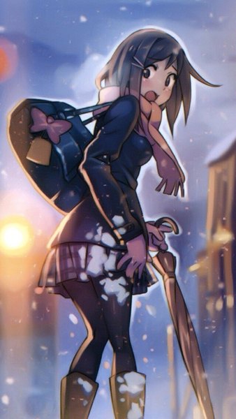 Anime picture 640x1136 with original vania600 single tall image blush short hair open mouth brown hair looking back black eyes snowing winter snow closed umbrella girl skirt gloves hair ornament pantyhose hairclip