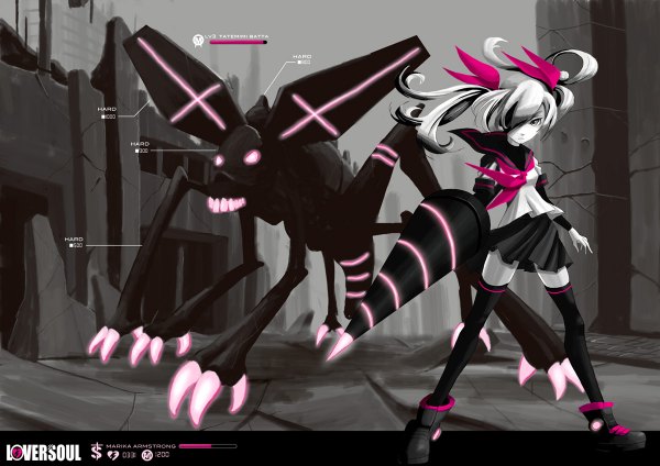 Anime picture 1200x848 with original k (katokenrock) single long hair fringe blonde hair twintails pleated skirt wind hair over one eye inscription glowing monochrome cityscape glowing eye (eyes) ruins girl thighhighs uniform ribbon (ribbons)