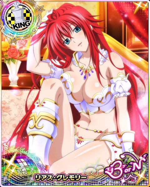 Anime picture 640x800 with highschool dxd rias gremory single tall image looking at viewer breasts open mouth blue eyes light erotic large breasts cleavage red hair very long hair card (medium) girl navel underwear panties flower (flowers) boots