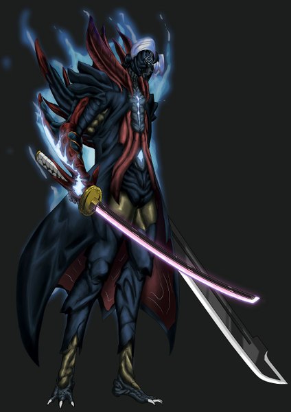 Anime picture 930x1316 with devil may cry nero (devil may cry) nossari single tall image standing holding head tilt black background looking down dual wielding demon monster boy monsterification boy weapon sword katana cloak fire